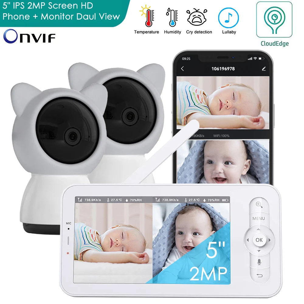 3MP Dual Camera 5" Wireles Baby Monitor Babyphone Onvif Security Video Bebe Nanny VOX Night PTZ Lullabies Temperature Humidity